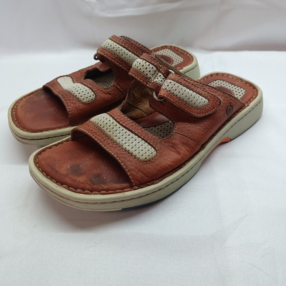 Born Wavz Mens 8 B7548 L2 Brown Leather Slide Sandals Adjustable Strap Comfort